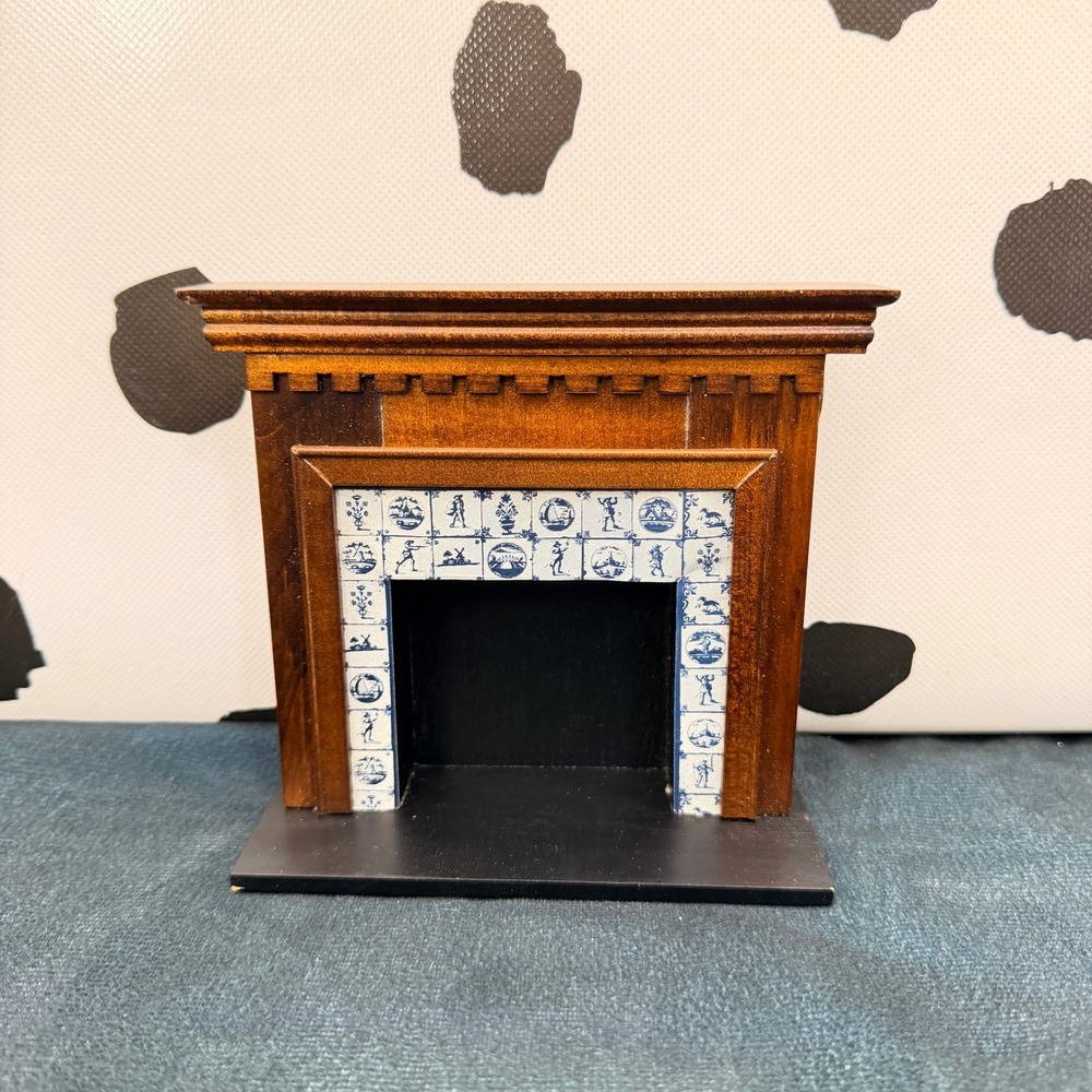 Vintage 1:12 Dollhouse Miniature Wood Fireplace Faux Delft Paper Tile Surround
